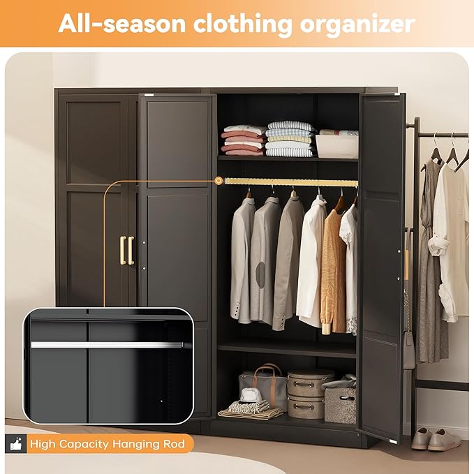 INTERGREAT Metal Storage Cabinet with Hanging Rail, Black Armoire Wardrobe Closet with 2 Doors,72" H Storage Closet Cabinets with Adjustable Shelves and Removable Hanging Rods-DeskLoop Office
