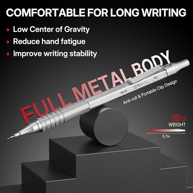 WUO 0.9mm Mechanical Pencil Set, 3 Silver Metal Drafting Pencils - Image 4