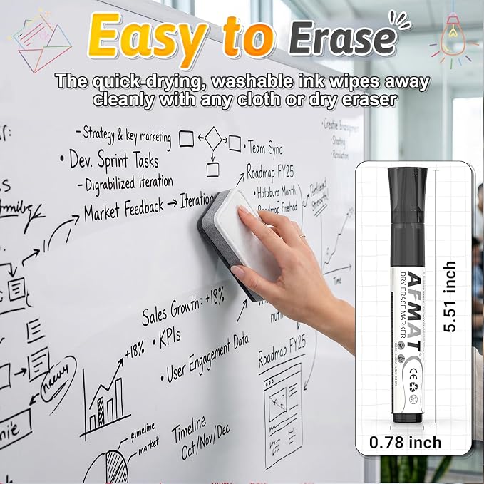 AFMAT Dry Erase Markers, 12-Count Black Whiteboard Markers, Bullet Tip - Image 7