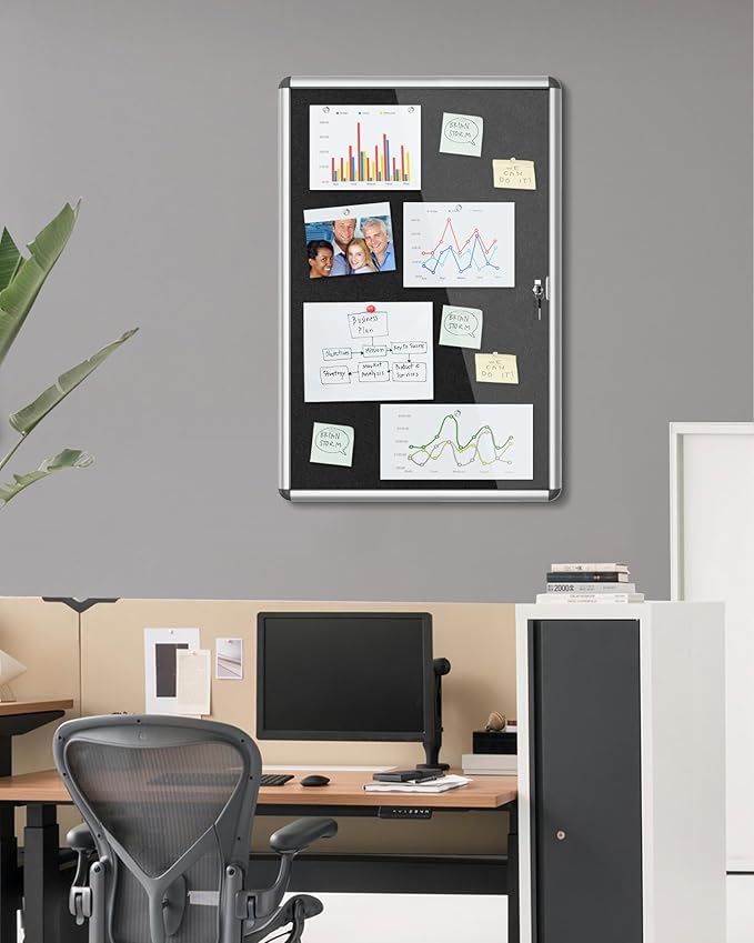 36"x24" Enclosed Bulletin Board, Lockable Weather-Resistant Aluminum Cork Noticeboard for School & Office, Silver Frame w/Black Flet-DeskLoop Office
