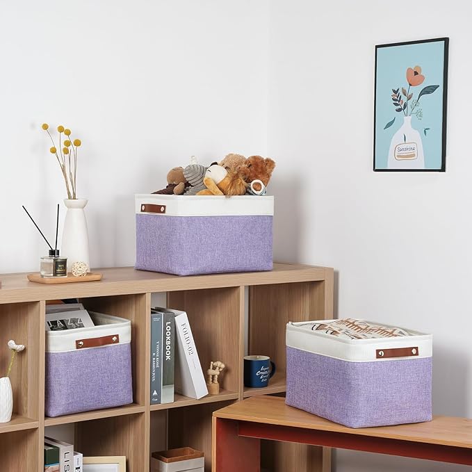 DULLEMELO Storage Baskets for Organizing, Shelves,Bedroom, Decorative Storage Bins with Leather Handles, Fabric Storage Basket for Office, Toys(3-Pack, White&Purple)-DeskLoop Office