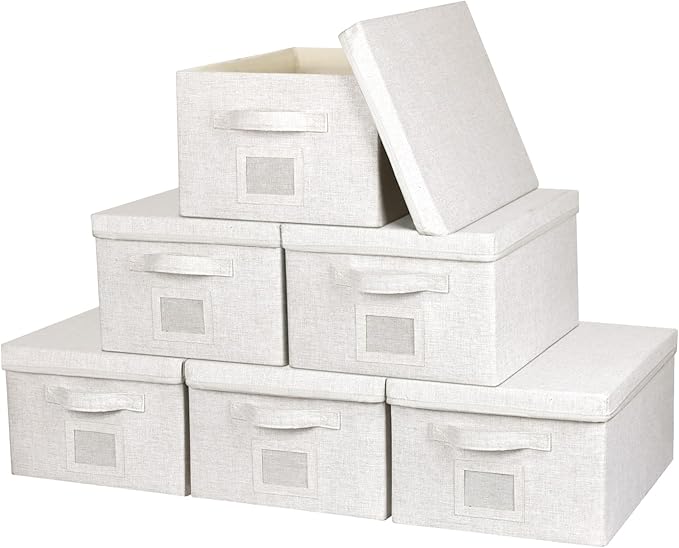 Large 17''x12'' Quart Collapsible Stackable Storage Bins with Lids, 6 Packs Off White Fabric Closet Boxes with Lids, Storage Cube Baskets Container Organizers for Bedroom Office(17''x12.2x''8'')-DeskLoop Office