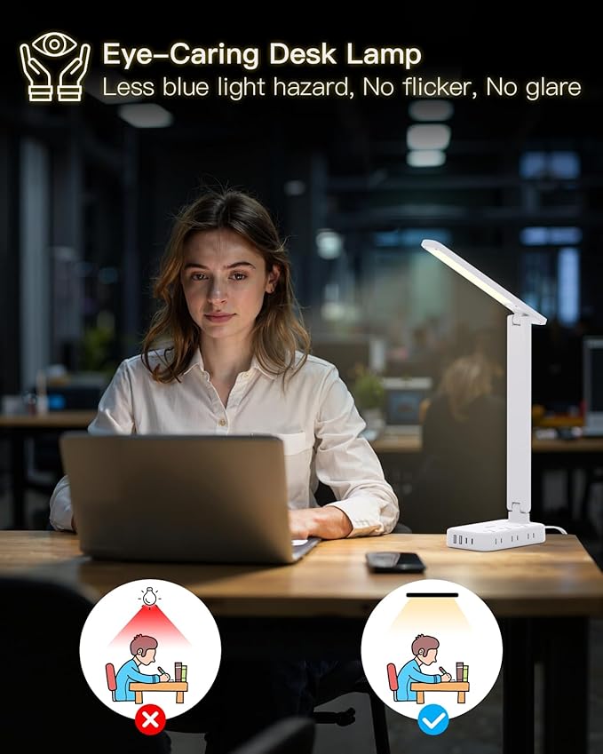 One Beat Desk Lamp with 6 Outlets 4 USB Ports(2×USB-C),Eye Protection Table Lamp Power Strip with 4 Color Modes 5 Brightness Touch LED Desk Lamps for Home Office College Dorm Room Essentials(White-DeskLoop Office