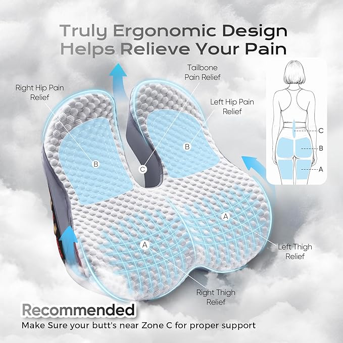 Seat Cushion for Tailbone Pain Relief X-Large,Ergonomic Office Chair Cushions for Butt Hip Lower Back & Sciatica Pain Relief Pillow,Pressure Relief Seat Cushion for Long Sitting, Car & Plane (Grey)-DeskLoop Office