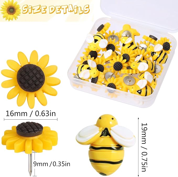 Sunflower Bee Push Pins, Thumb Tacks Decorative Push Pins Cork Board Pins - Image 2