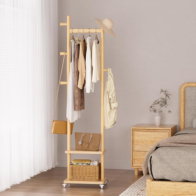 Coat Rack Freestanding Clothing Rack with Wheels & 2 Shelves Storage & 5 Hooks Heavy Duty Clothes Rack Wood Coat Tree Stand Hat Hanger Rack for Corner Bedroom Entryway Living Room Hotel-DeskLoop Office