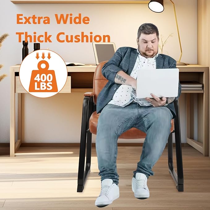 CLATINA Big & Tall 500 lbs Waiting Room Chairs with Padded Armrests and Sled Base, Leather Stationary No Wheels Office Guest Chair for Reception Lobby Home and Meeting Conference, Brown (8 Pack)-DeskLoop Office