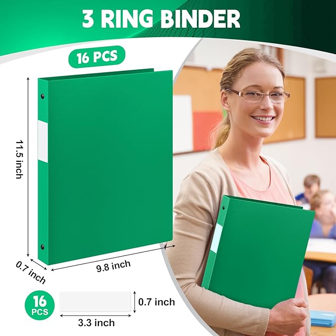 Henoyso 16 Pcs 3 Ring Binder 1/2'' Round Fits Letter Size 8. 5'' x 11'' Paper Plastic Flexible Binder Holds 100 Sheets with 1 Pockets Versatile Organizer for Office Home School (Green)-DeskLoop Office