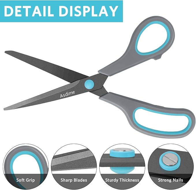 Asdirne Teflon Coating Scissors, Stainless Steel Blades, Soft Grip Handle - Image 4