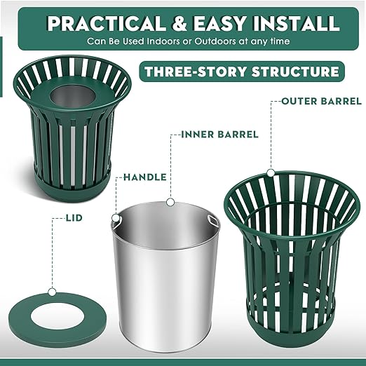 25.2IN Round Large Outdoor Trash Can, Heavy Duty Metal Slatted Garbage Can Outdoor, All Weather Resistant Commercial Garbage Cans, Waste Receptacle in Park, Beach, Patio, Green-DeskLoop Office