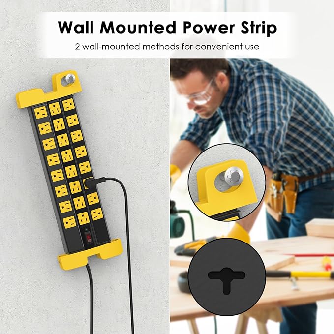 HHSOET Heavy Duty Power Strip with Surge Protection, Industrial Commercial Metal 24 Outlets Wall Mount for Garage Shop, 15 Amp, Switch, 6FT Extension Cord, Black.-DeskLoop Office