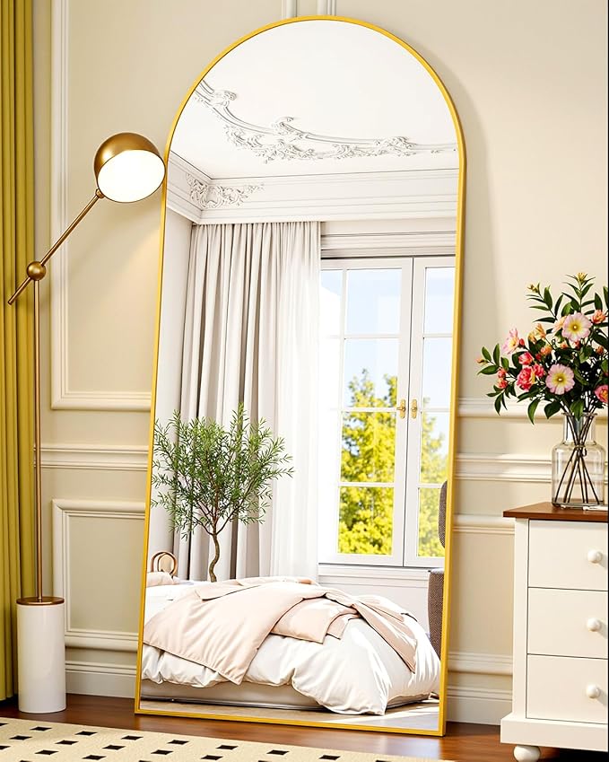 Full-Length Floor Mirror with Stand, 71"x32" Arched Style Full Body Standing Mirror for Bedroom, Living Room, Gym, Dorm - Shatter-Resistant & Easy Assembly, Gold-DeskLoop Office