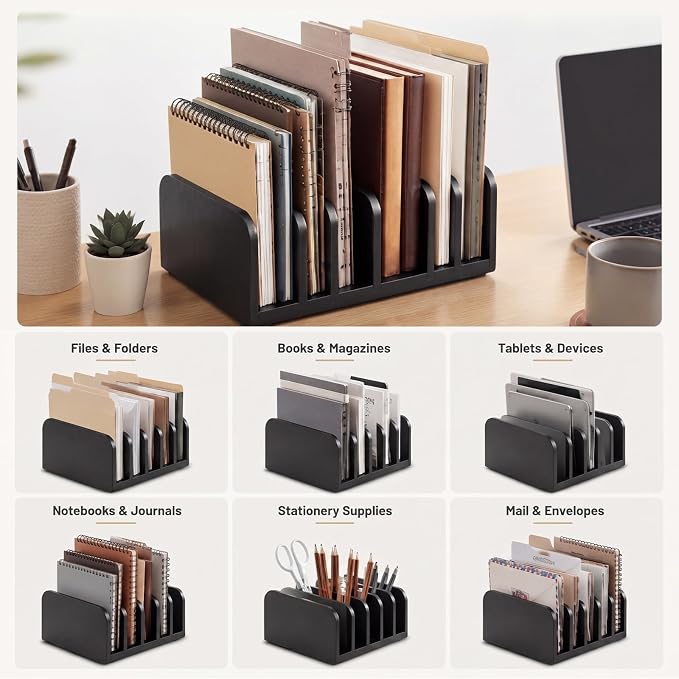 Lineshading Bamboo Letter Organizer, 5 Compartments Desk Mail Organizer - Image 4