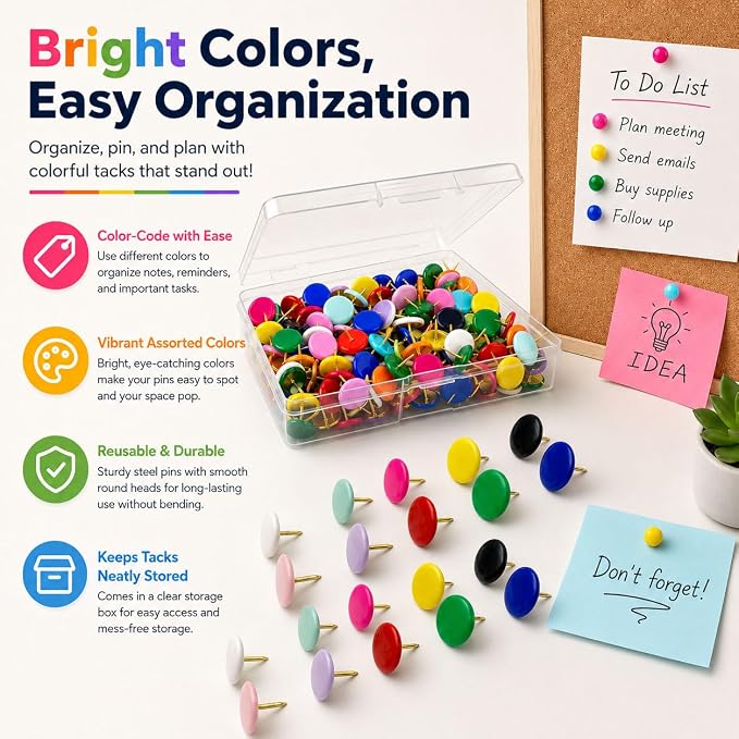200 PCS Colored Round Head Thumb Tacks – Plastic Push Pins - Image 7