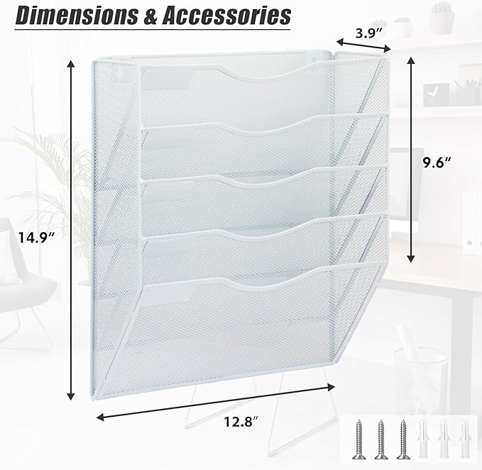 EASEPRES 5 Pocket Mesh Hanging Wall File Organizer, Wall Mounted Mail Paper Document Folder Holder, Clipboard Storage Organization Magazine Rack with Nametag Label for Office Home School, White-DeskLoop Office