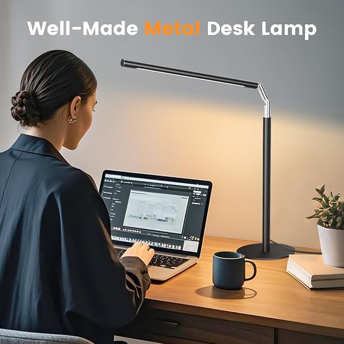 Metal LED Desk Lamp for Home Office - Foldable Industrial Desk Light with Base, 16" Dimmable Table Lamp for Reading, 4 Color Temps, 15W Modern Desktop Lamp for College Dorm Study Task Work-DeskLoop Office