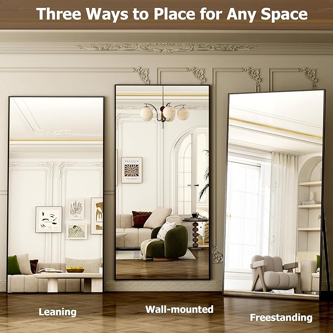 GLSLAND-38 x 77" Rectangular Full Length Mirror - Large Floor Mirrors Aluminum Alloy Frame Full Body Dressing Mirror for Bedroom, Living Room,Black-DeskLoop Office