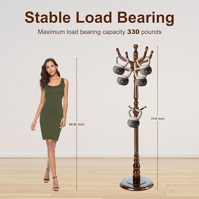 Solid Wood Coat Stand, Freestanding with Stable Base, 70" Birch Coat Tree Organizer for Home, Bedroom, Office, Hallway & Entryway with 11 Hooks-DeskLoop Office