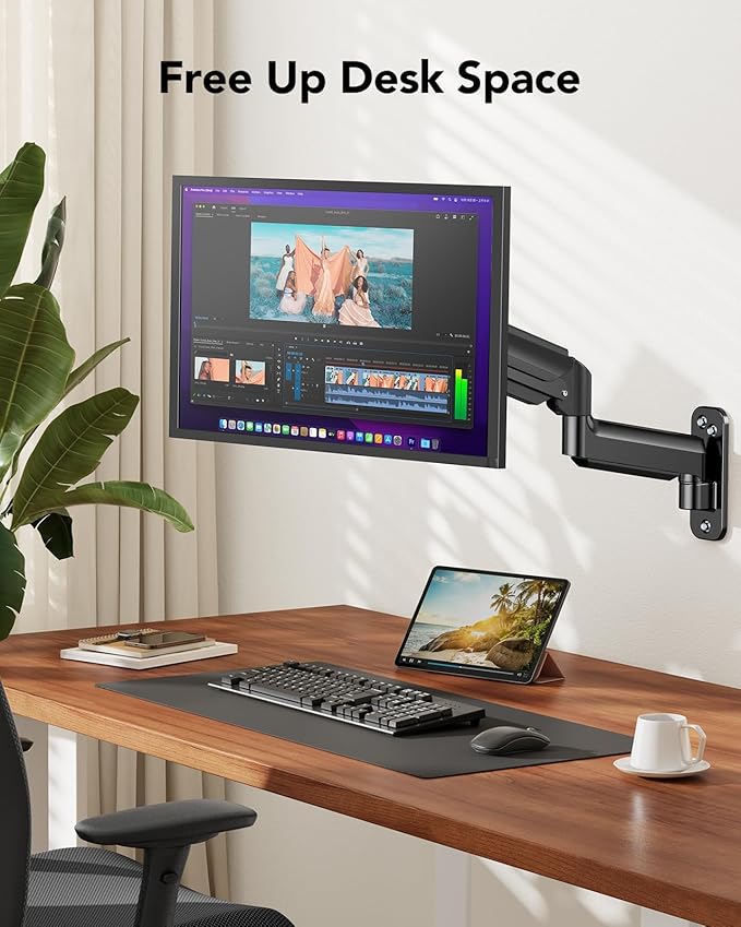 HUANUO Computer Monitor Wall Mount for 22 to 35 inch Flat Curved Screens, Single Wall Mount Monitor Arm Holds up to 26.4lbs, Height Adjustable Full Motion Gas Springcore Vesa Mount, Max 200x200mm-DeskLoop Office