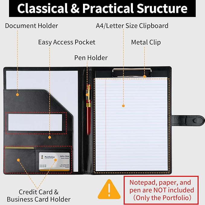 Professional Padfolio with Clipboard, Faux Leather Portfolio Folder Binder - Image 3