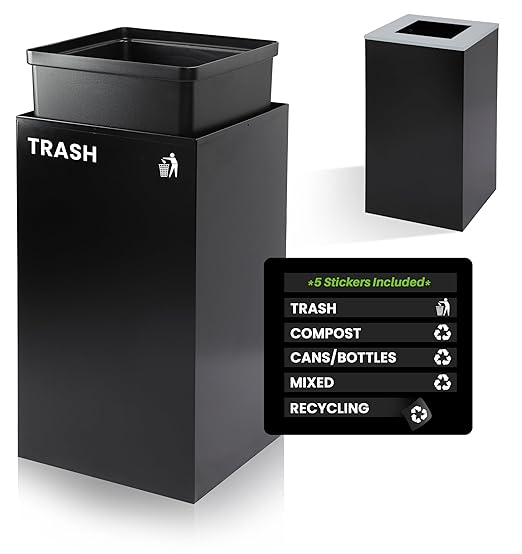 Alpine Commercial Indoor Recycle Bin - 29 Gallon Modern Looking Black Recycle Bin, Office Recycling Bins, Metal Trash and Recycling Container with Stickers & 3 Optional Lids (lid Sold Separately)-DeskLoop Office