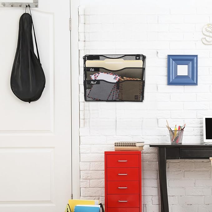 EASEPRES 3 Pocket Mesh Hanging Wall File Organizer with Hangers & Nametag Label, Wall Mounted Mail Paper Document Folder Holder, Clipboard Storage Organization Magazine Rack for Office Cubicle, Black-DeskLoop Office