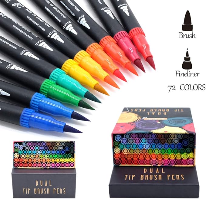 GC 72 Colors Dual Tip Brush Pens Highlighter 72 Art Markers 0.4mm Fine liners & Brush Tip Watercolor Pen Set for Adult and kids Coloring Books, Calligraphy, Hand Lettering, Note Taking-DeskLoop Office