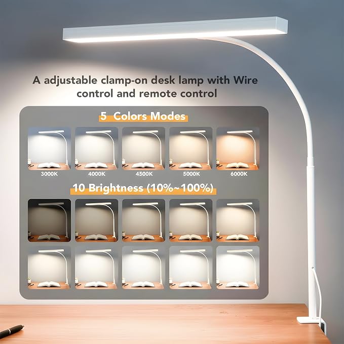 LED Desk Lamp with clamp, Remote Control Desk Lamp, 5 Color Modes & 10 - Image 5
