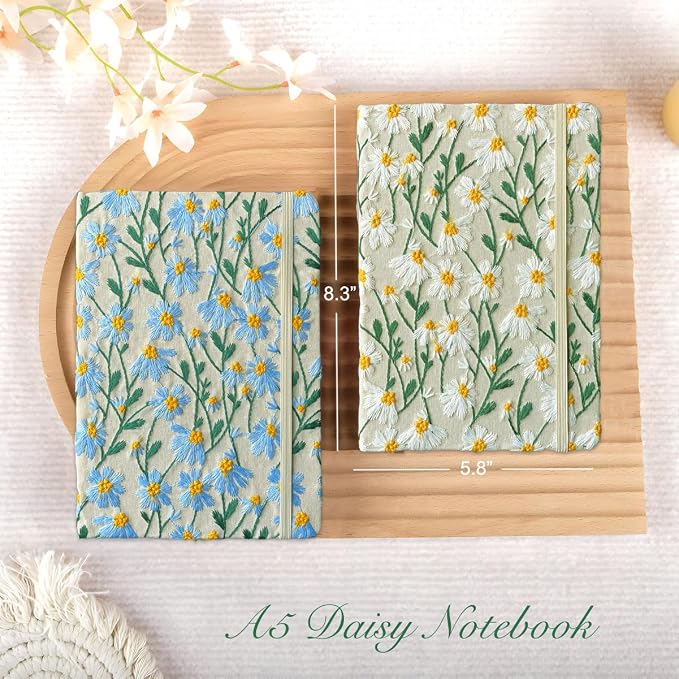 Daisy Gifts, Embroidered Journal, Floral Notebook, Wide Ruled Paper, Lay Flat - Image 3
