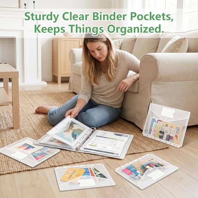 HOUYEE 48 Pack Clear Binder Pocket, 11 Holes Heavy-Duty Plastic Binder Pouch - Image 7
