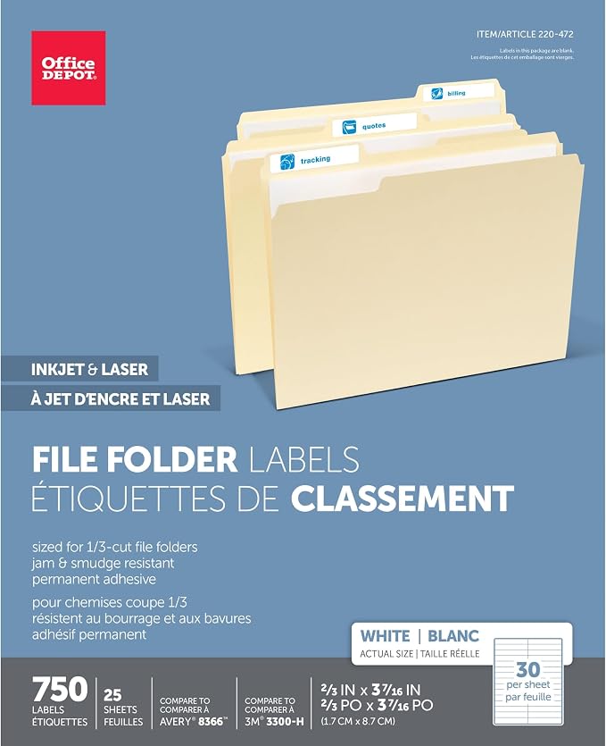 Office Depot White Permanent Inkjet/Laser File Folder Labels, 2/3in. x 3 7/16in. by Office+Depot