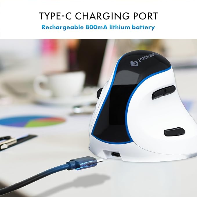 J-Tech Digital Wireless Mouse, Vertical Ergonomic Mouse with Bluetooth Dual Modes + USB Dongle + Rechargeable w/ 2.4GHz Wireless + Adjustable DPI 3200 for Laptop, Desktop, PC, Mac [V638W], White-DeskLoop Office