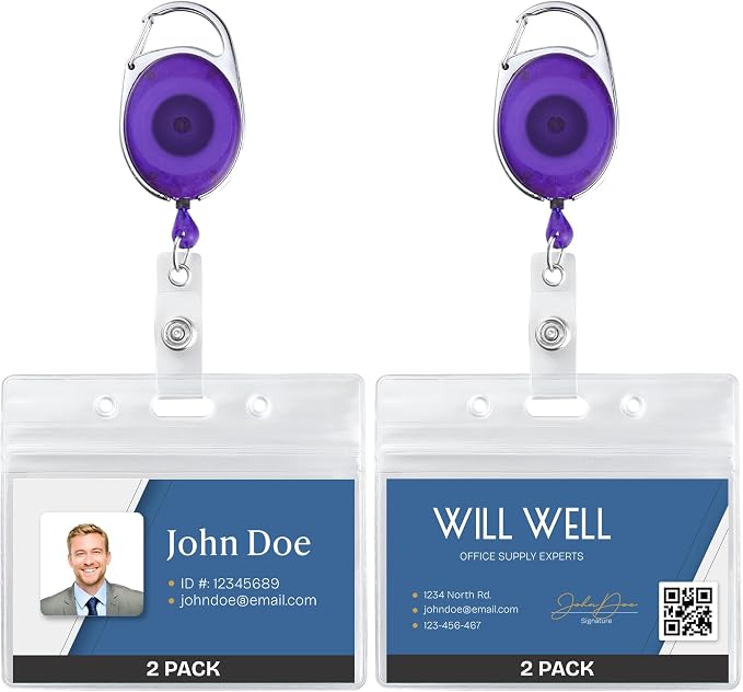 2 Pack Id Badge Holder With Clip – Transparent Purple Badge Reels with Id by WillWell