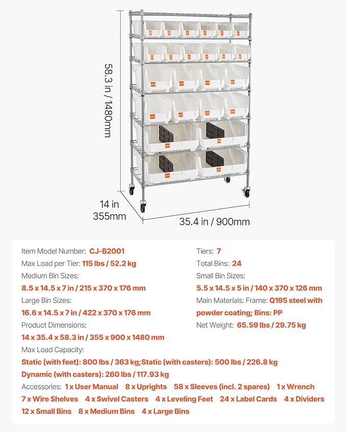 VEVOR 7-Tier Rolling Bin Storage Rack, 24 Organizer Bins, Bin Rack Storage - Image 3