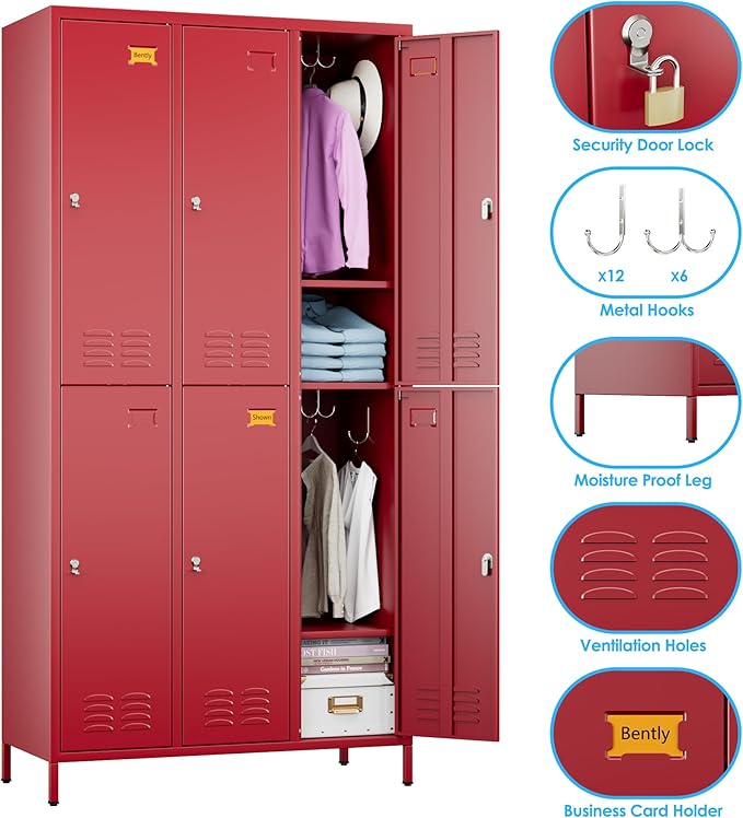 6 Doors Metal Locker with Business Card Holder and 18 Hooks,Metal Locker for Employees with Ventilation Holes for School Garage Office Gym Home,Assembly Required,Red-DeskLoop Office