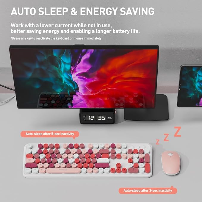 FOPETT 2.4GHz Wireless Keyboard and Mouse Set with Switch Button - Full-Size Keyboard - Compatible for Windows/Laptop/PC/Notebook/Smart TV and More - White Colorful-DeskLoop Office