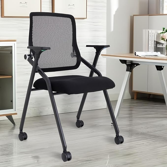 Updated Conference Room Chairs, Folding Office Desk Chair with Lumbar Support and Sliding Armrest with Casters, Stackable Office Guest Chairs & Reception Chairs, 1 Pack Black-DeskLoop Office