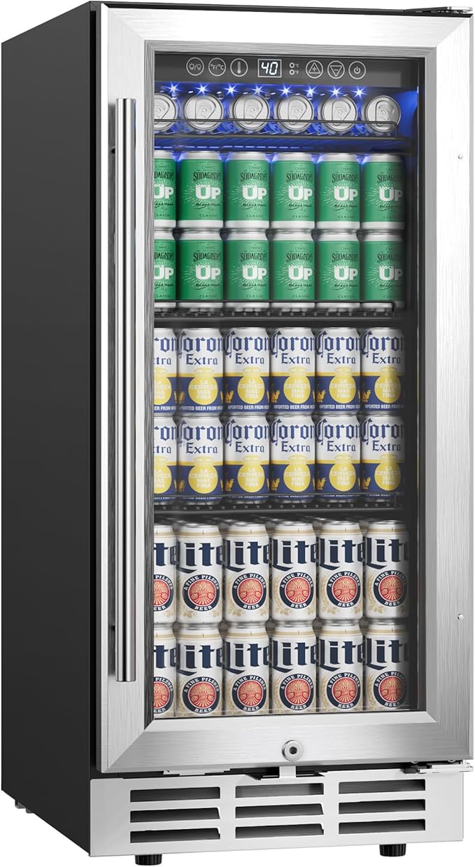 EUHOMY 15 Inch Beverage Refrigerator Cooler Under Counter 127 Cans Beverage Fridge Built-in or Freestanding with Glass Door, LED Light, Beer Fridge for Soda, Water, Wine - Home Kitchen Bar.-DeskLoop Office