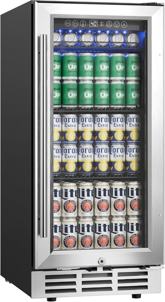 EUHOMY 15 Inch Beverage Refrigerator Cooler Under Counter 127 Cans Beverage Fridge Built-in or Freestanding with Glass Door, LED Light, Beer Fridge for Soda, Water, Wine - Home Kitchen Bar.-DeskLoop Office