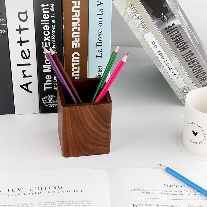 Walnut Pencil Holder Wood Pen Holder For Desk Pen Cup Organizer Ofiice Pencil Stand Simple(Black walnut)-DeskLoop Office