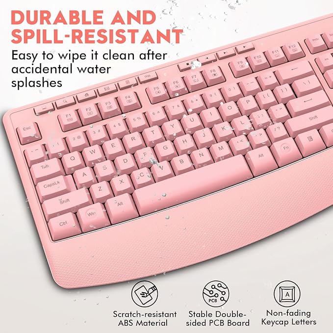 Wireless Keyboard and Mouse Combo, E-YOOSO 2.4GHz Full Sized Ergonomic Wireless Keyboard with Wrist Rest, 3 DPI Adjustable and 6 Buttons Cordless USB Mouse for Computer, Laptop, PC, Windows (Pink)-DeskLoop Office