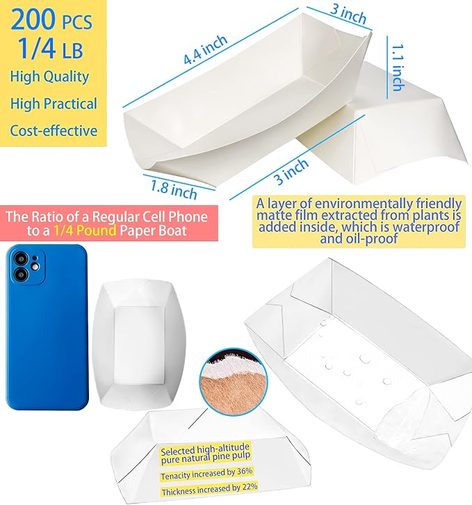 200 Pack White 1/4Lb Paper Food Boat Trays Disposable Small Paper Boats Plates - Image 2