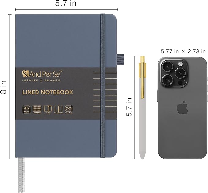 A5 Lined Leather Journal and Pen Set, Hardcover Notebook with Pen, 160 Pages 100gsm Thick Ruled Paper for for Women Men Work Business School or Home Writing, 5.7'' x 8'' (Dark Blue)-DeskLoop Office