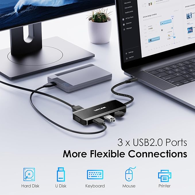 WAVLINK USB-C Docking Station for MacBook, Dell XPS, Lenovo Yoga, HP Laptops - Dual HDMI, DisplayPort, VGA, 3 USB 2.0 Ports, Black-DeskLoop Office