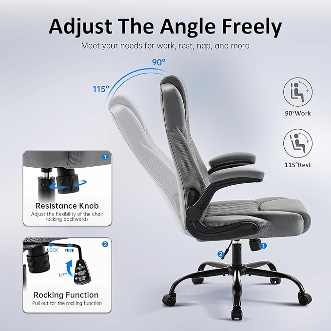 Office Chair, Executive Leather Chair Home Office Desk Chairs, Ergonomic Computer Desk Chair with Adjustable Flip-Up Arms, Lumbar Support Swivel Task Chair with Rocking Function (Gray)-DeskLoop Office