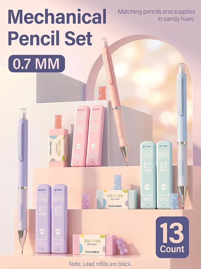 Four Candies Cute Pastel Mechanical Pencil Set, 3 Pack | 360 Lead Refills - Image 4