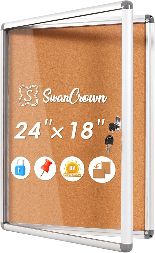 S SWANCROWN Enclosed Bulletin Board 24x18 in, Tamperproof Lockable Cork Board Wall Display Case for Office School Home, Aluminum Frame-DeskLoop Office