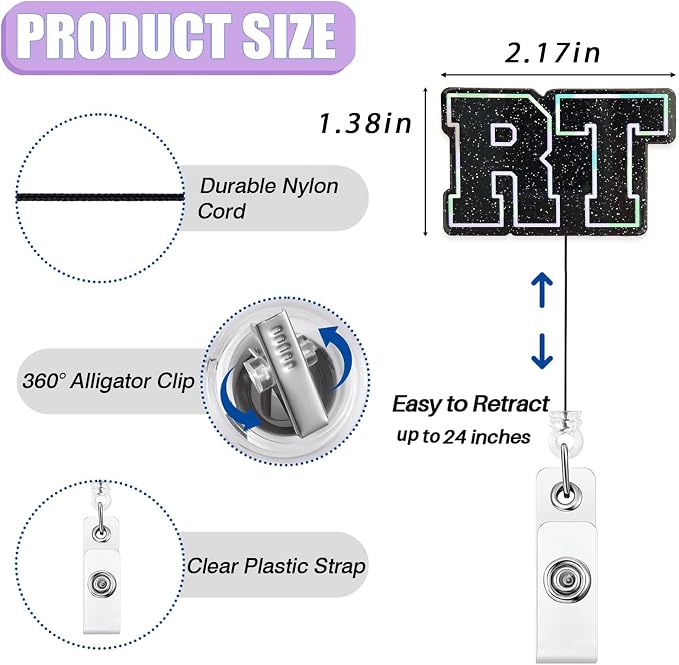 Glitter Black RT Badge Reel Retractable, Cute Respiratory Therapist Acrylic - Image 2