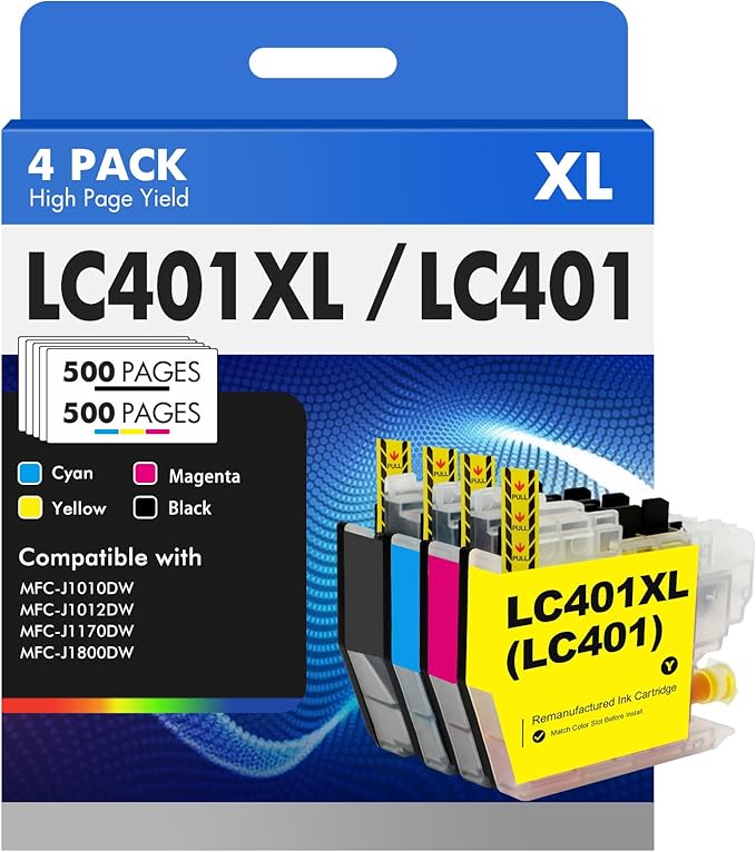 LC401 LC401XL MFC-J1010DW Ink Cartridges for Brother Printer LC 401 401XL for MFC-J1010DW MFC-J1170DW MFC-J1012DW MFC-J1800DW MFC J1010DW - 4 Pack High Yields Black Cyan Magenta Yellow-DeskLoop Office