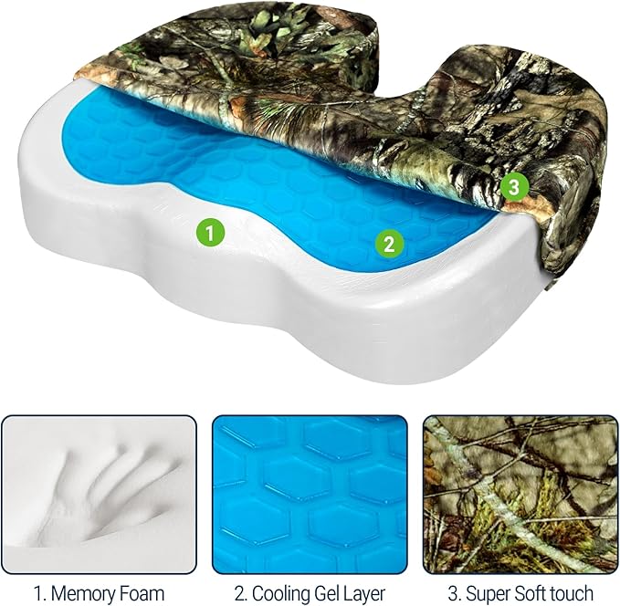 Gel Seat Cushion for Car Office - Memory Foam Pain Relief Chair Pillow Cushions - Tailbone Sciatica Coccyx Butt Lumbar Support Pad for Sitting Driving Traveling, Velvet, Mossy Oak-DeskLoop Office